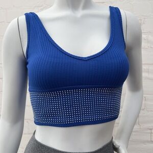 SOLY HUX Women's Sleeveless V Neck Rhinestone Ribbed Knit Crop Tank Top Blue S